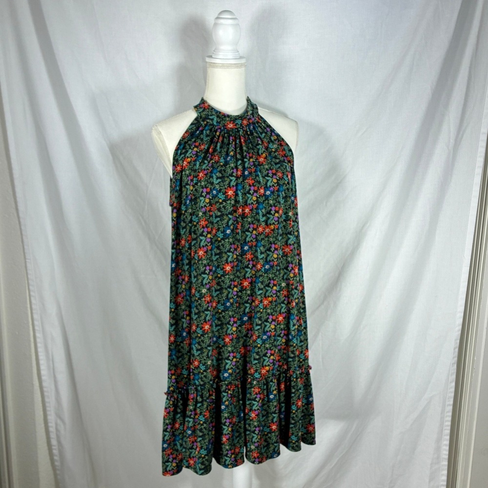 Julian Taylor Floral Halter Neck Trapeze Dress Black Multi Ruffle Hem Large